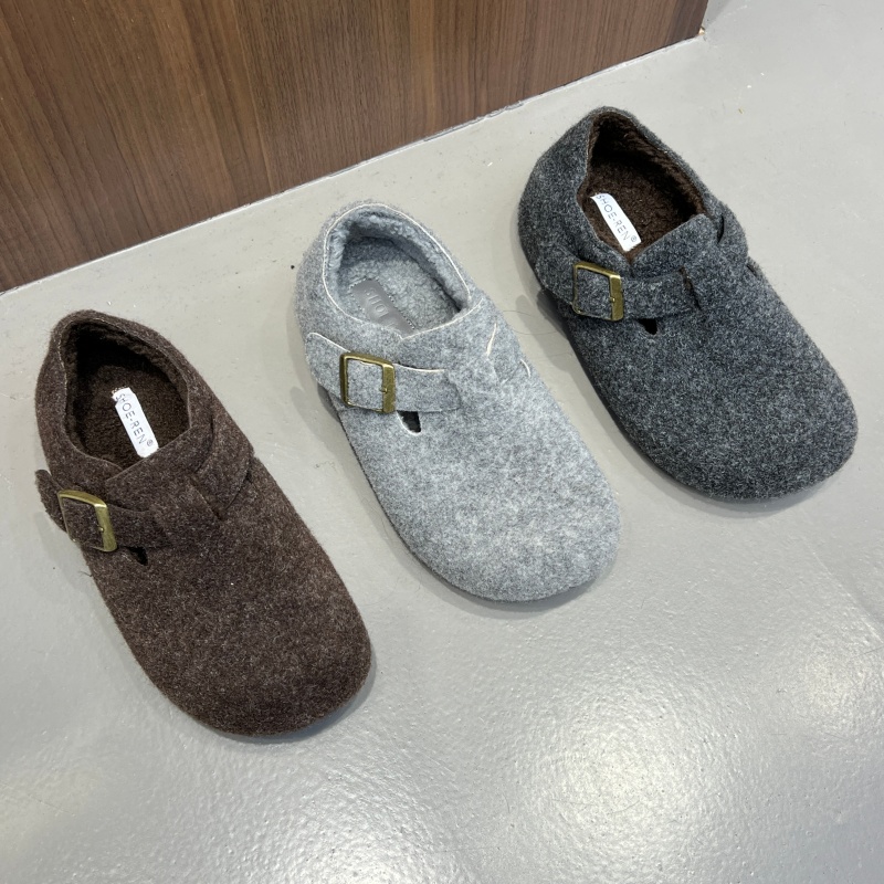 十三行女鞋实拍加绒厚底灰色毛呢全包勃肯鞋女孕妇豆豆鞋博肯单鞋