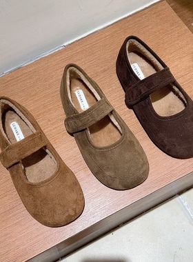 十三行女鞋实拍平底绒面玛丽珍鞋毛毛鞋2025秋冬新款复古加绒单鞋