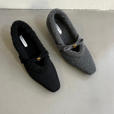 十三行女鞋实拍加绒粗跟单鞋女冬2025方头毛毛鞋浅口中跟玛丽珍