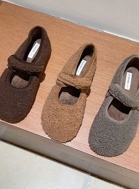 十三行女鞋实拍晚晚风灰色羊羔毛玛丽珍毛毛鞋女冬魔术贴豆豆鞋
