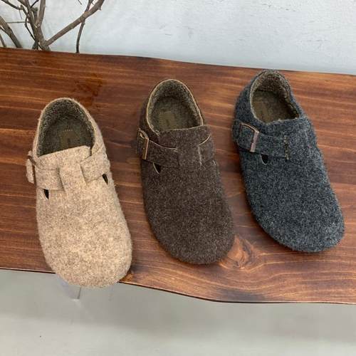 十三行女鞋实拍毛呢复古加绒勃肯鞋秋冬毛毛鞋保暖丑萌单鞋森系鞋