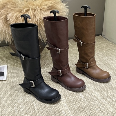 十三行女鞋实拍时尚长筒靴中筒靴复古骑士靴不过膝长靴皮带扣装饰