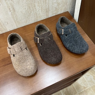 一脚蹬保暖棉鞋 十三行女鞋 实拍加绒内增高2CM毛呢森系全包勃肯鞋