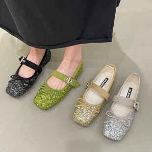 十三行女鞋实拍法式仙女风亮片玛丽珍鞋2026小众方头芭蕾鞋奶奶鞋