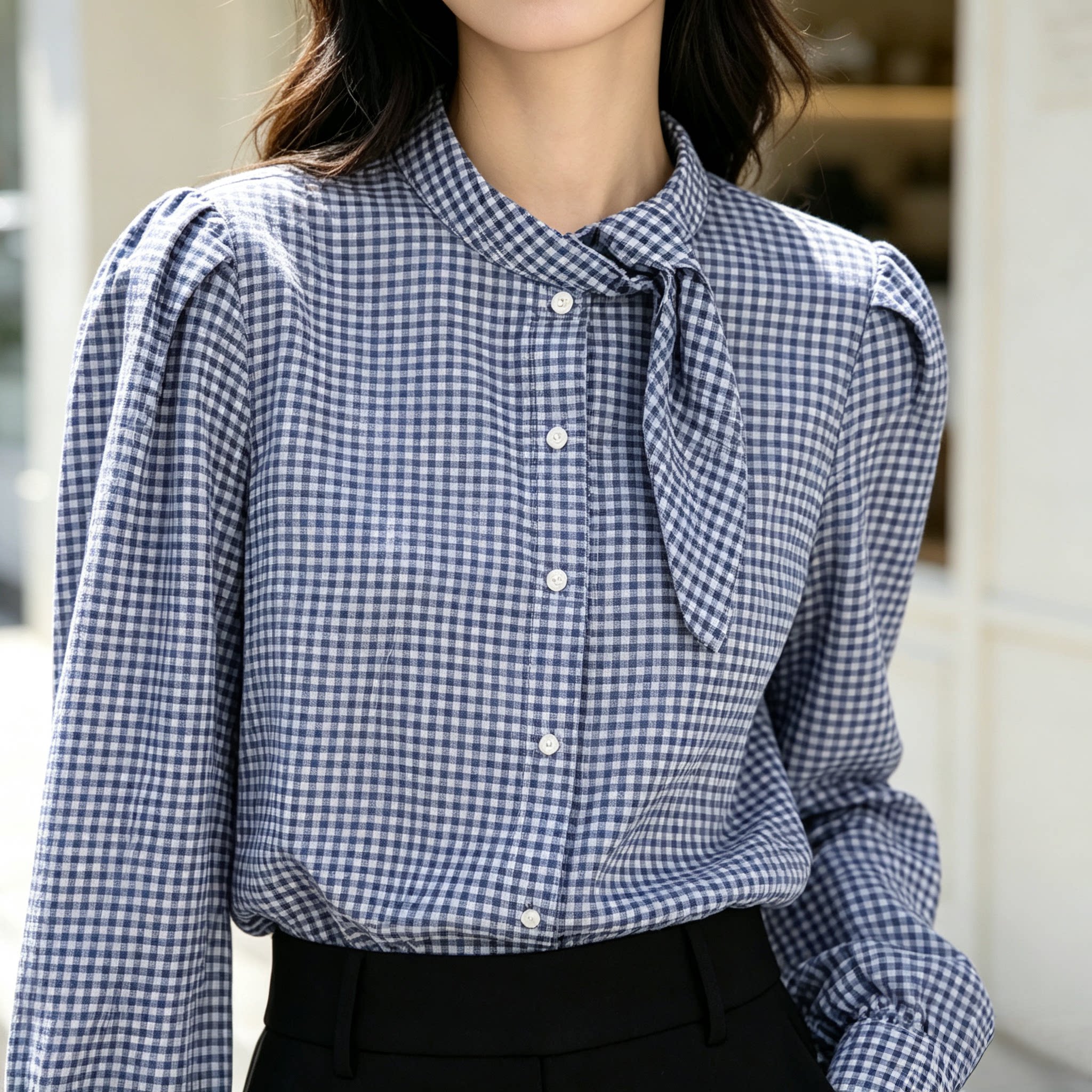 复古格纹立领泡泡袖通勤衬衫女
