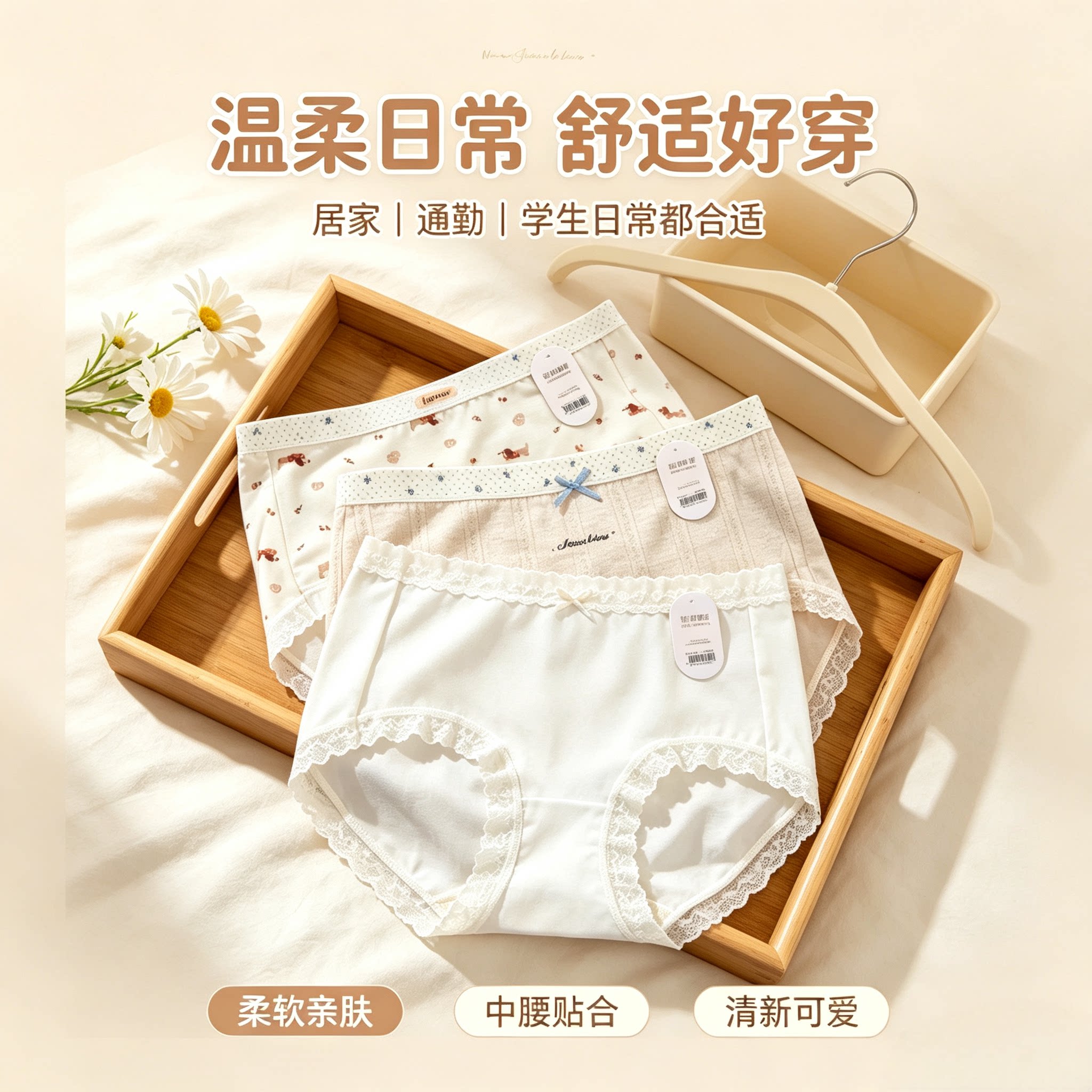 女士内裤纯棉档抗菌三角裤高中生中腰无痕少女初中生日系三角内裤