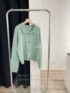Mhuali 韩系湖绿色花朵翻领毛衣开衫