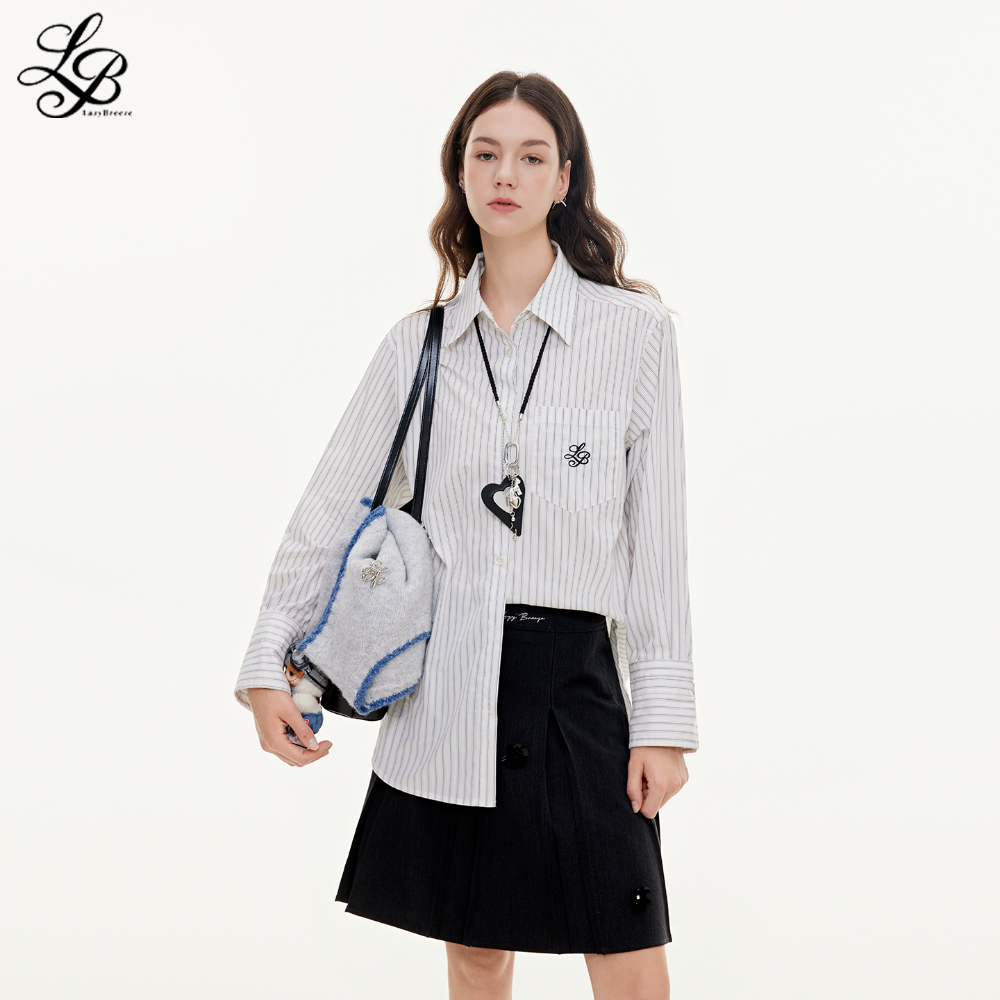 LazyBreeze秋季新款美式复古条纹刺绣长袖衬衫女慵懒风高级感外套