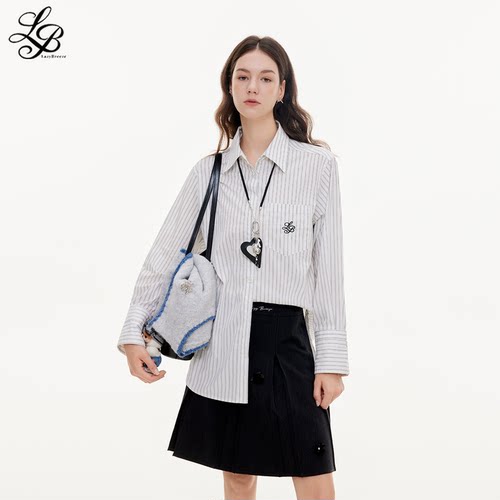 LazyBreeze秋季新款美式复古条纹刺绣长袖衬衫女慵懒风高级感外套
