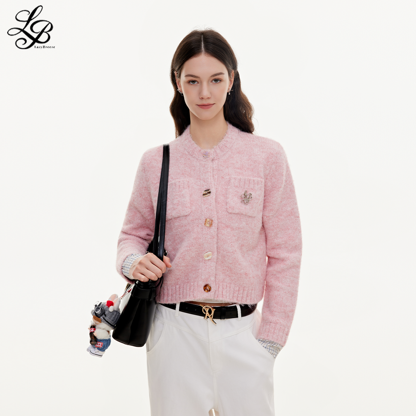 LazyBreeze秋冬季新款粉色短款针织衫甜美轻奢小香风开衫毛衣女