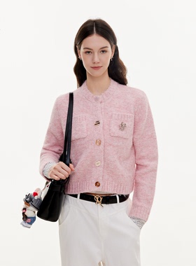 LazyBreeze秋冬季新款粉色短款针织衫甜美轻奢小香风开衫毛衣女