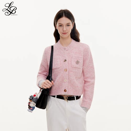 LazyBreeze秋冬季新款粉色短款针织衫甜美轻奢小香风开衫毛衣女
