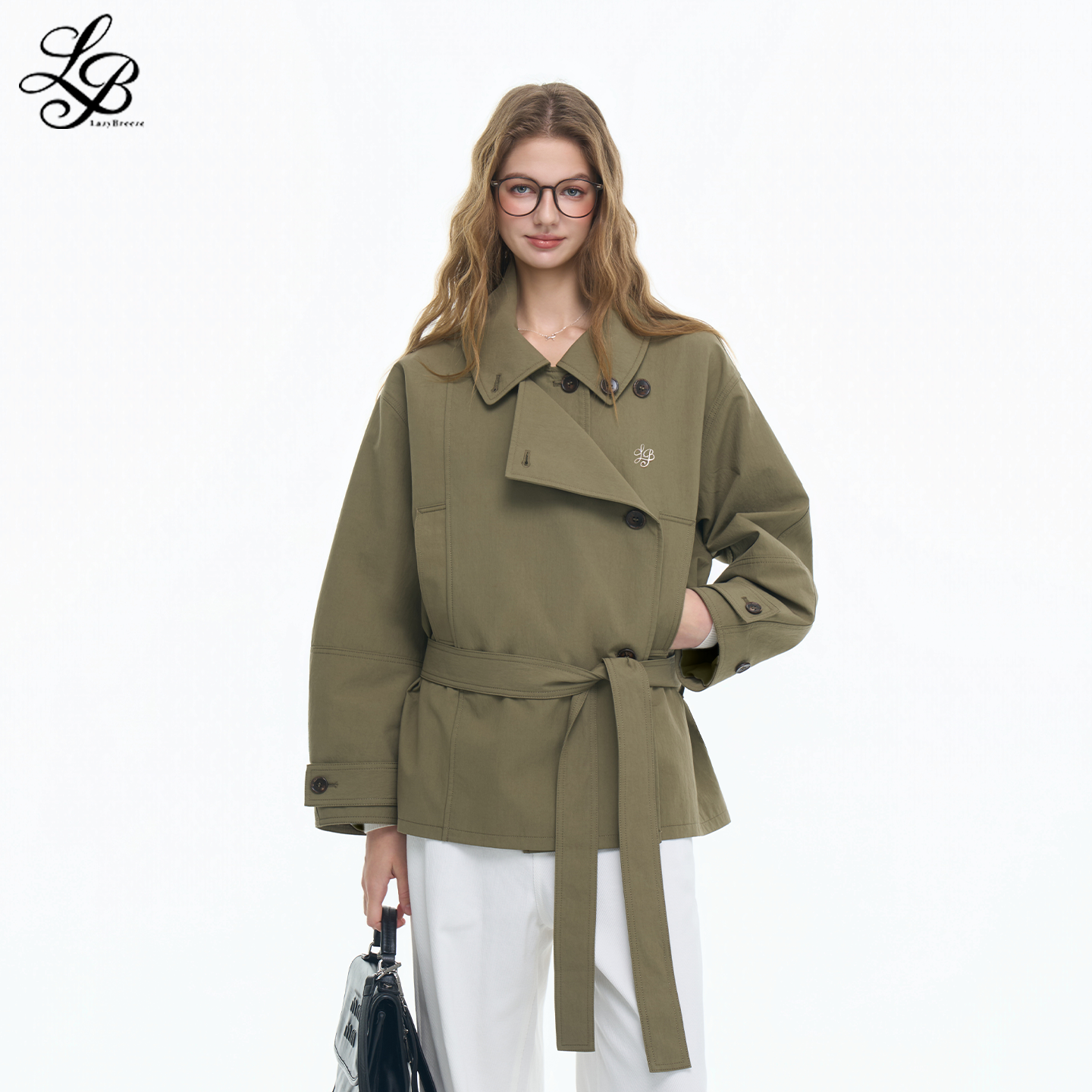 LazyBreeze春季新款双层门襟立领砂洗风短款风衣女慵懒松弛感外套
