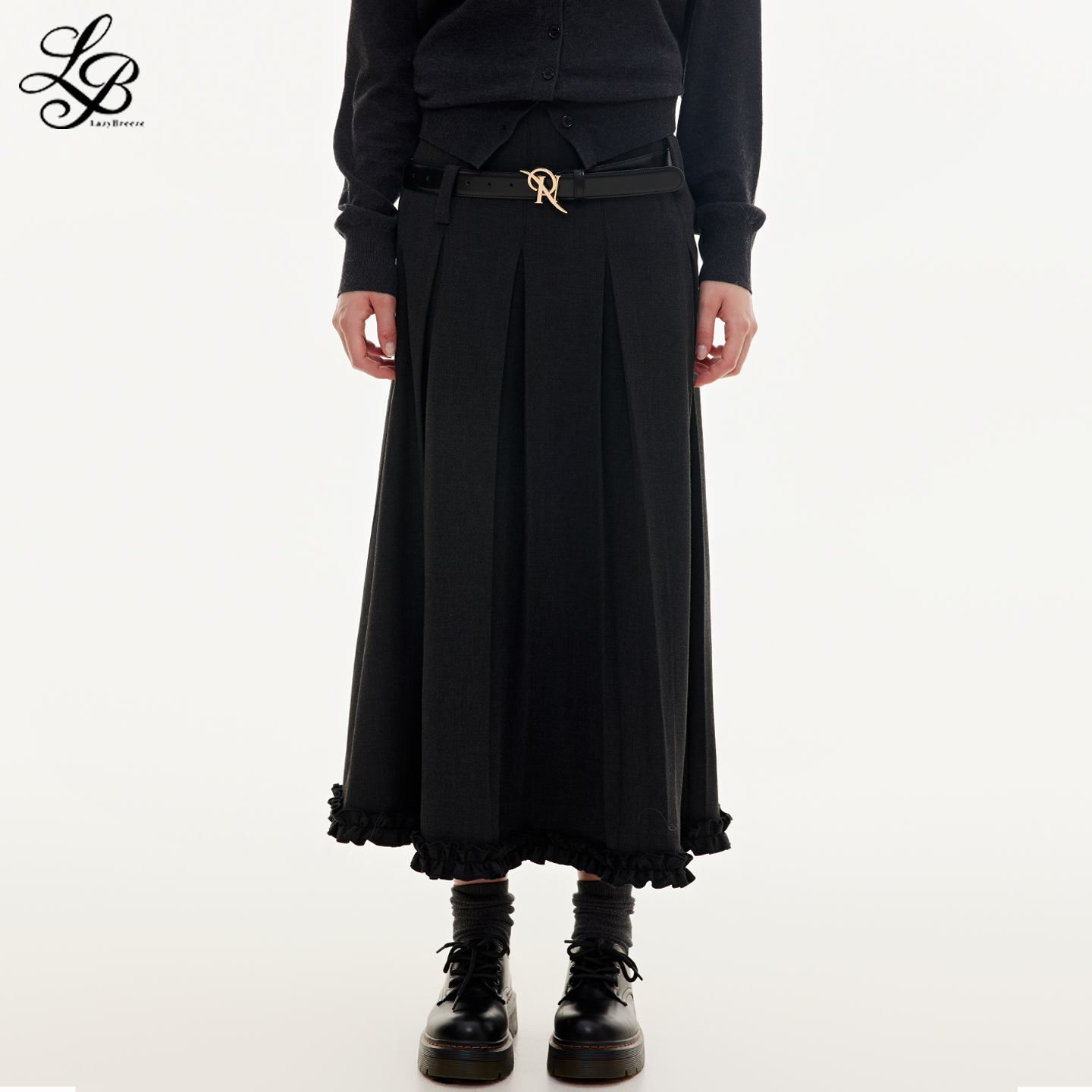 LzayBreeze秋季新款百褶花边半身裙女A字简约西装料长半裙