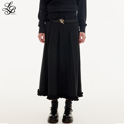 LzayBreeze秋季新款百褶花边半身裙女A字简约西装料长半裙