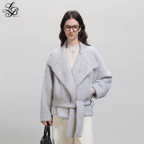 LazyBreeze冬季新款高级灰保暖上衣羊毛立领绑带毛呢外套女