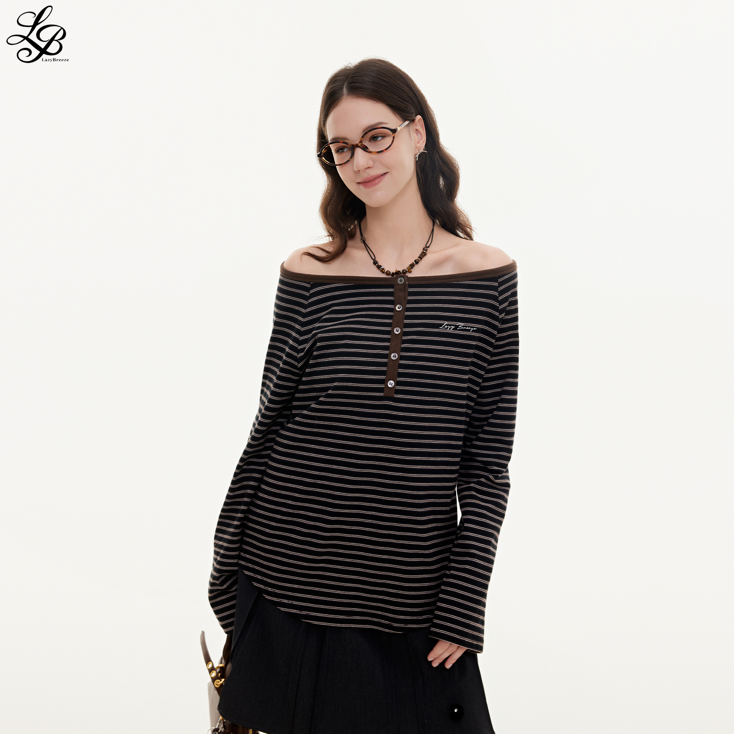 LazyBreeze 秋季新款条纹一字肩长袖宽松显瘦T恤斜肩上衣女
