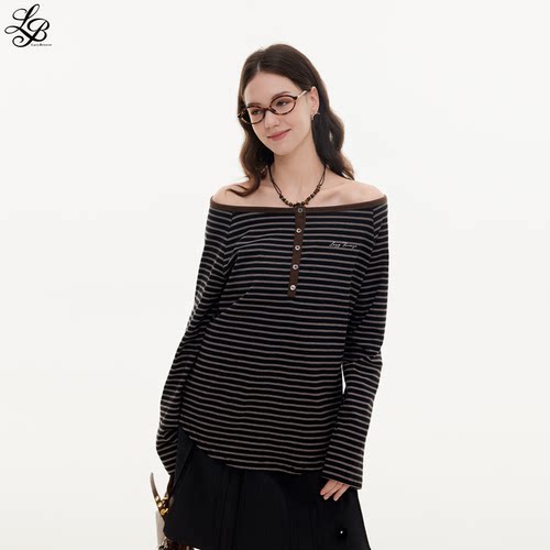LazyBreeze 秋季新款条纹一字肩长袖宽松显瘦T恤斜肩上衣女