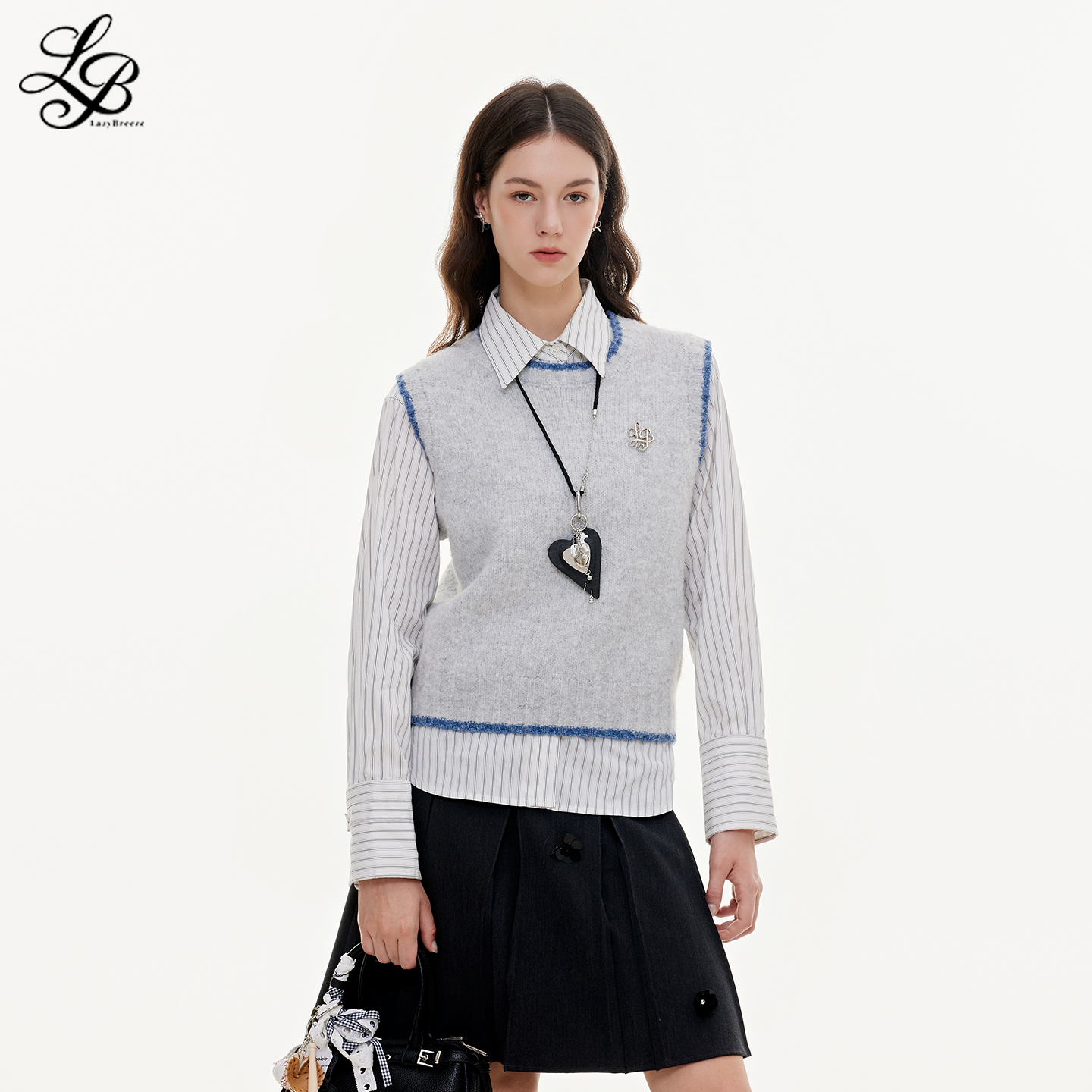 LazyBreeze秋季新款日常慵懒风马甲女浅花灰撞色学院风针织背心