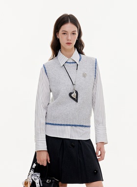 LazyBreeze秋季新款日常慵懒风马甲女浅花灰撞色学院风针织背心