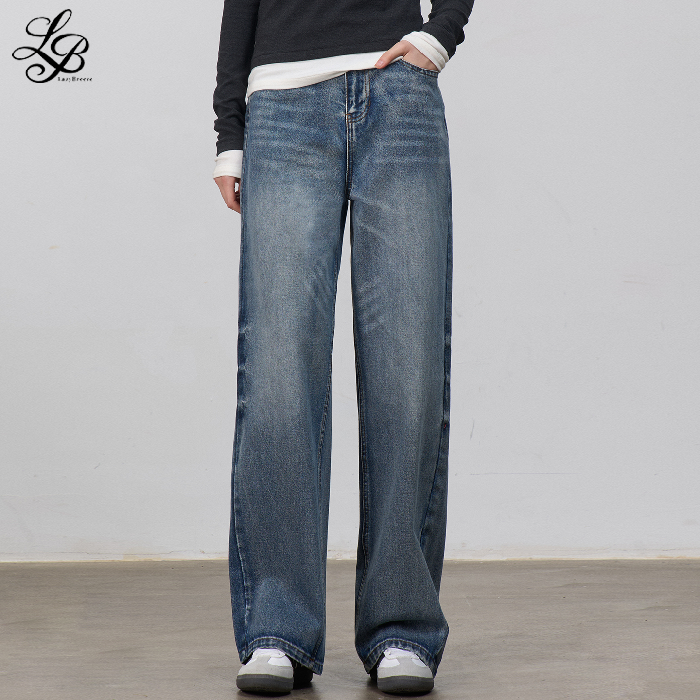 LazyBreeze秋季新款窄版阔腿牛仔裤女百搭显瘦休闲复古蓝色直筒裤