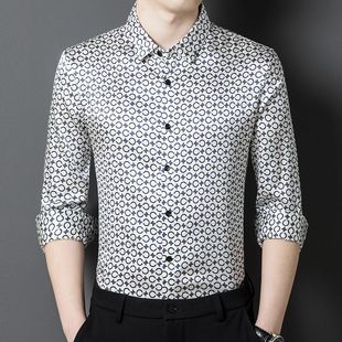 高级感桑蚕丝长袖花衬衫中年商务休闲衬衣丝绸真丝男春秋绸缎上衣