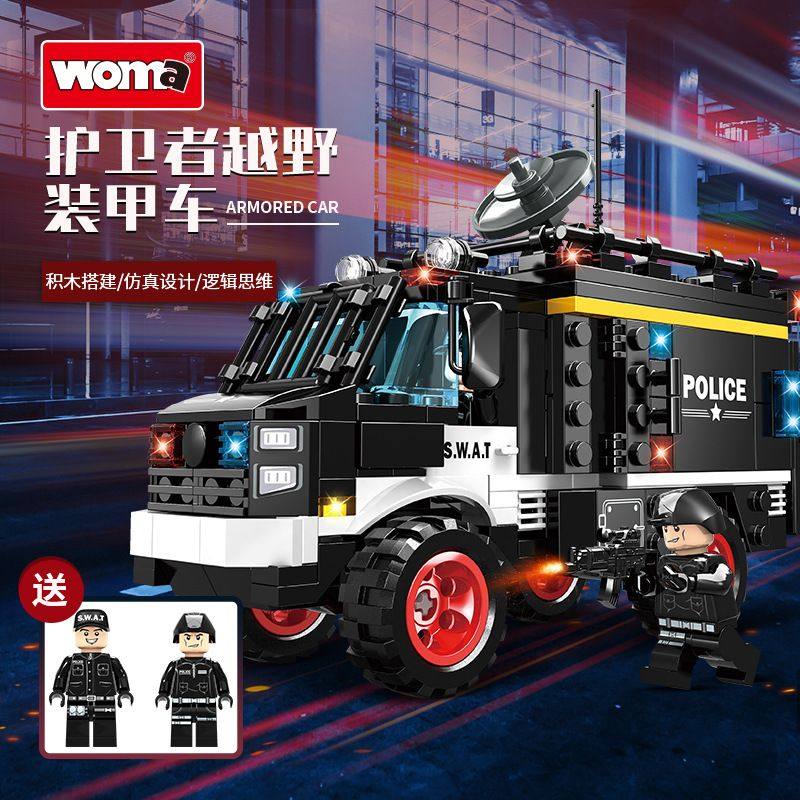 沃马积木科技特警战队越野装甲车巡逻警车玩具模型拼插拼装小颗粒