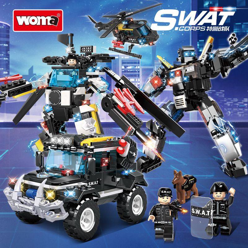 沃马积木特警战队武装直升机巡逻警车玩具模型拼插拼装小颗粒礼品