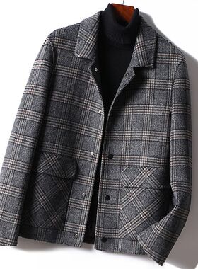 秋冬新款男士羊毛呢夹克休闲格子加厚呢茄克短款双面呢大衣P91951
