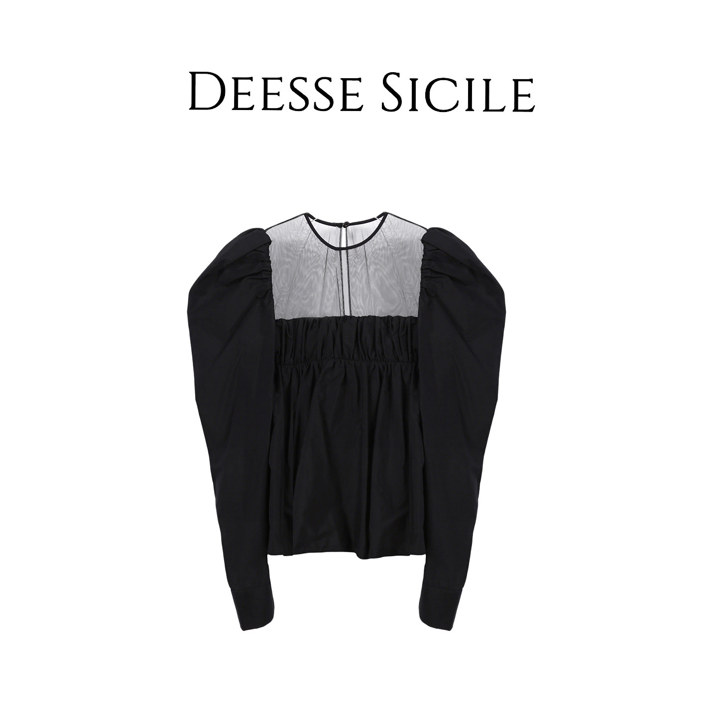 Deessesicile1黑色网纱泡泡袖衬衫女复古宫廷风极简廓形圆领上衣