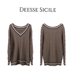 V领针织衫 Deessesicile1230 10点上新老钱学院风羊绒棒针毛衣长款