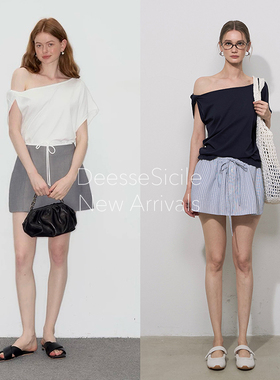 DeesseSicile 白色洋气扭结斜肩造型tee小众新颖设计感短袖T恤女