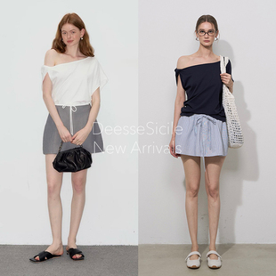 DeesseSicile T恤女 白色洋气扭结斜肩造型tee小众新颖设计感短袖