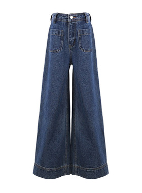 Deessesicile摩登炸街深蓝色高腰前口袋设计翻边直筒阔腿牛仔裤女