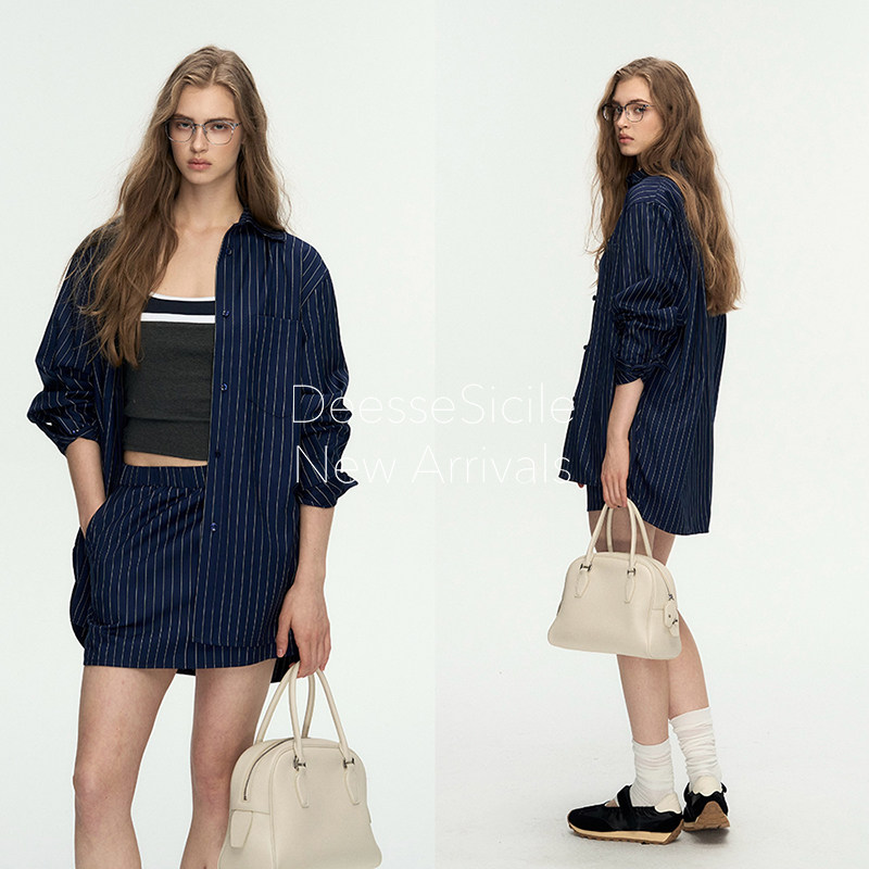 藏青色纹衬衫半身裙套装女