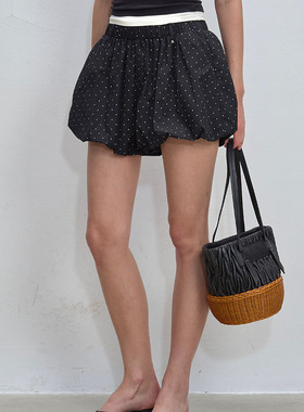 DeesseSicile 黑色波点抽绳立体蓬松花苞气球裤松紧腰南瓜裤子女