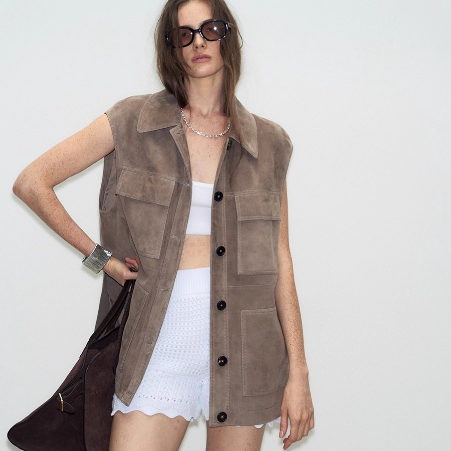 棕色绵羊皮麂皮马甲外套