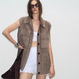 DeesseSicile 百搭马甲翻领外套 琥珀流光风沙棕色绵羊皮麂皮时尚