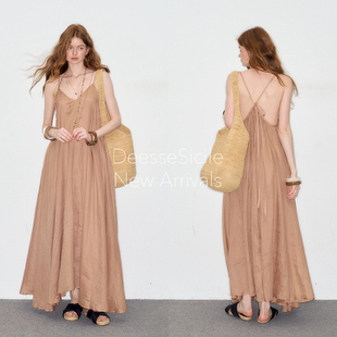 DeesseSicile 奶咖色棉麻沙滩度假风可调节吊带露背长裙连衣裙女