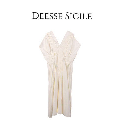 Deessesicile 1法式V领白色长裙女设计感赫本风收腰显瘦A字连衣裙