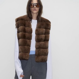 Deessesicile可露丽中古色条纹獭兔毛时髦无袖 皮草马甲背心女秋冬