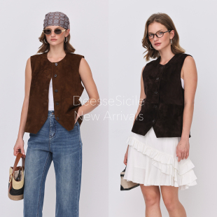 Deessesicile复古琥珀羊反绒老钱风时尚 麂皮背心上衣圆领马甲 无袖