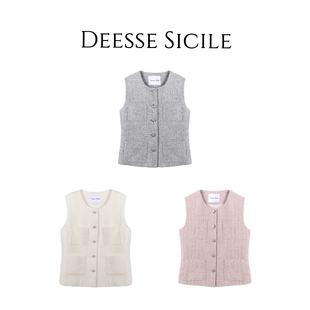 Deessesicile千金名媛粗花呢圆领无袖 外套小香风通勤优雅上衣马甲