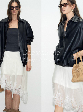 DeesseSicile黑色巴恩风薄款PU皮老爹夹克皮衣复古翻领拉链外套女