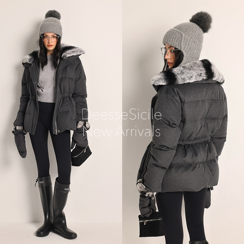 Deessesicile龙猫色獭兔毛翻领收腰鹅绒服气质奢华配手套羽绒服女