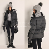 Deessesicile龙猫色獭兔毛翻领收腰鹅绒服气质奢手套羽绒服女