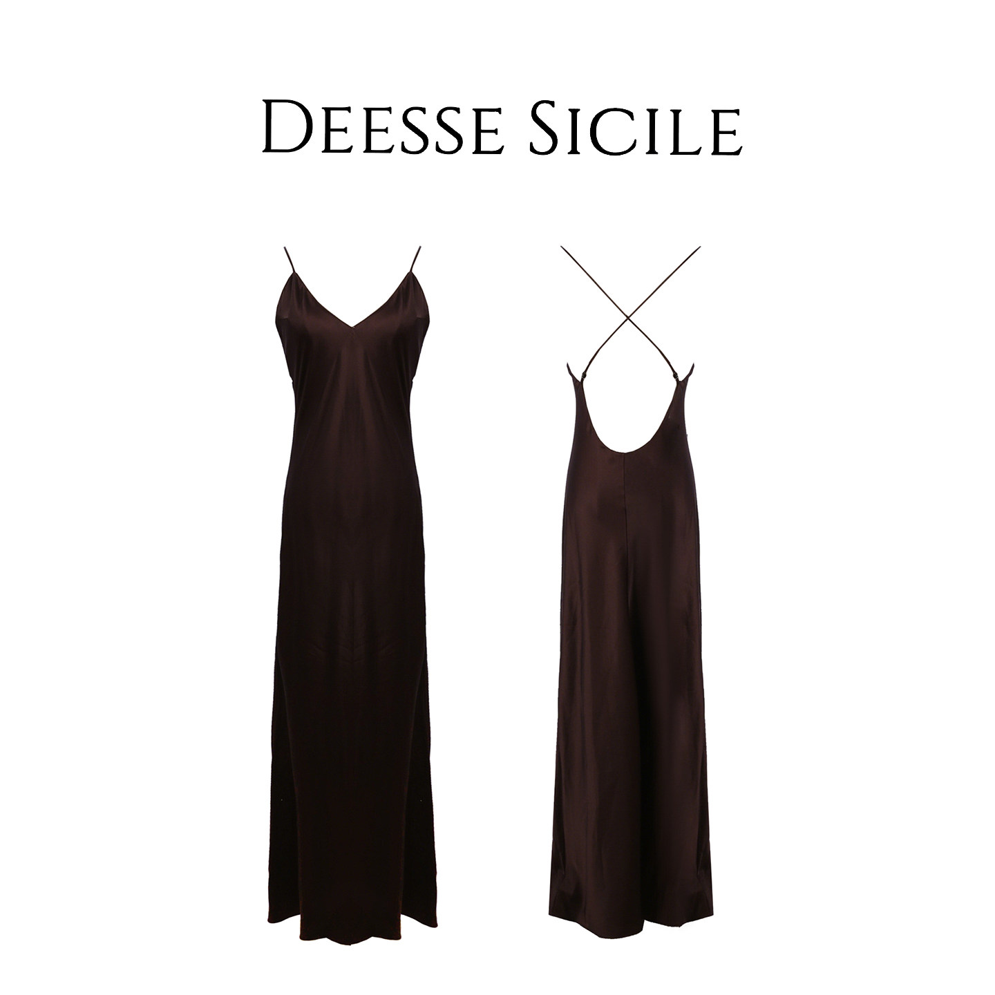 Deessesicile1深咖色缎面光泽交叉露背礼服裙法式高级吊带连衣裙