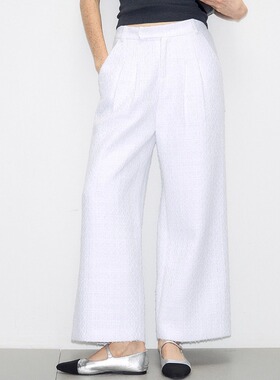 DeesseSicile白色粗花呢老钱风直筒阔腿裤休闲通勤高腰显瘦长裤女