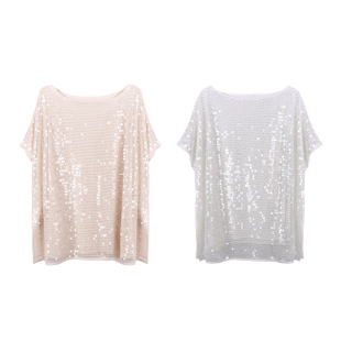 DeesseSicile 上衣T恤女 奢华极简慵懒风小众亮片宽松显瘦落肩短袖