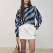 Deessesicile韩版 休闲条纹字母刺绣长袖 T恤柔软亲肤宽松圆领上衣